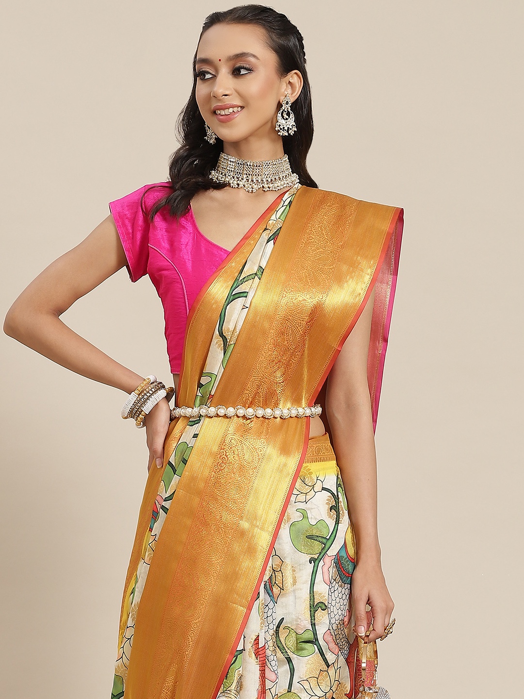 

Silk Land Ethnic Motifs Woven Banarasi Silk With Digital Print Saree, White