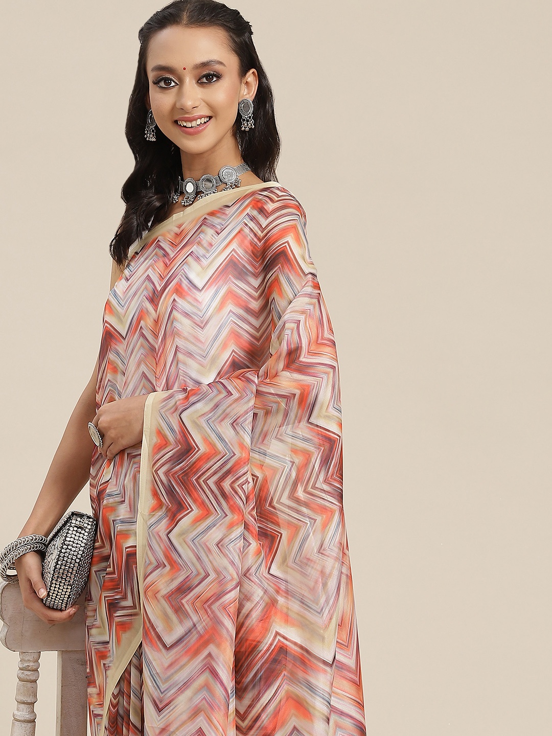 

Silk Land White & Red Chevron Printed Saree