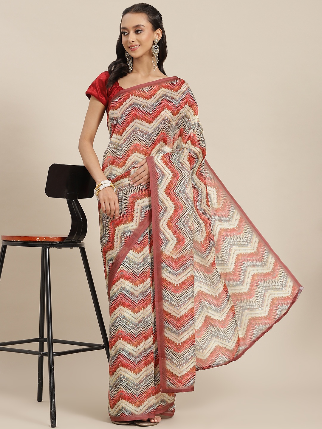 Silk Land Cream-Coloured & Red Chevron Printed Saree