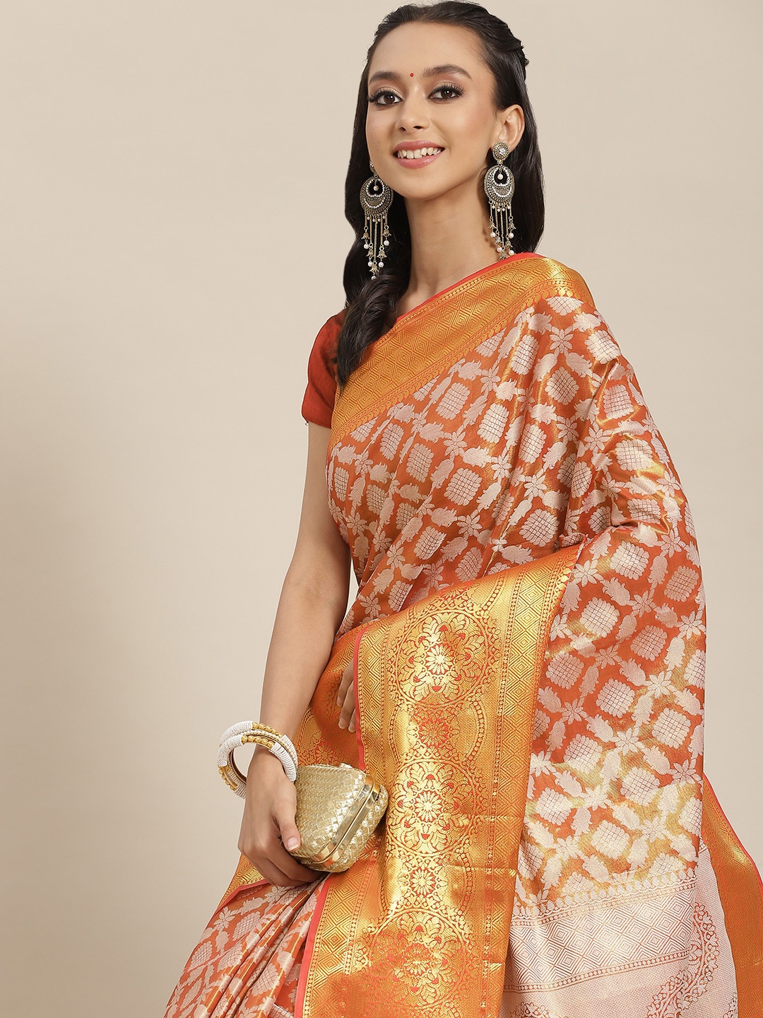 

Silk Land Red & Orange Ethnic Motifs Zari Brocade Banarasi Saree