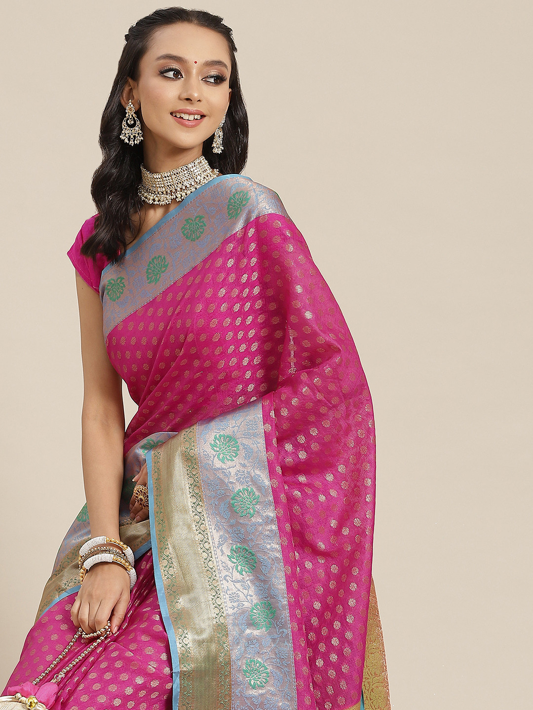 

Silk Land Pink Ethnic Motifs Zari Art Silk Kanjeevaram Saree