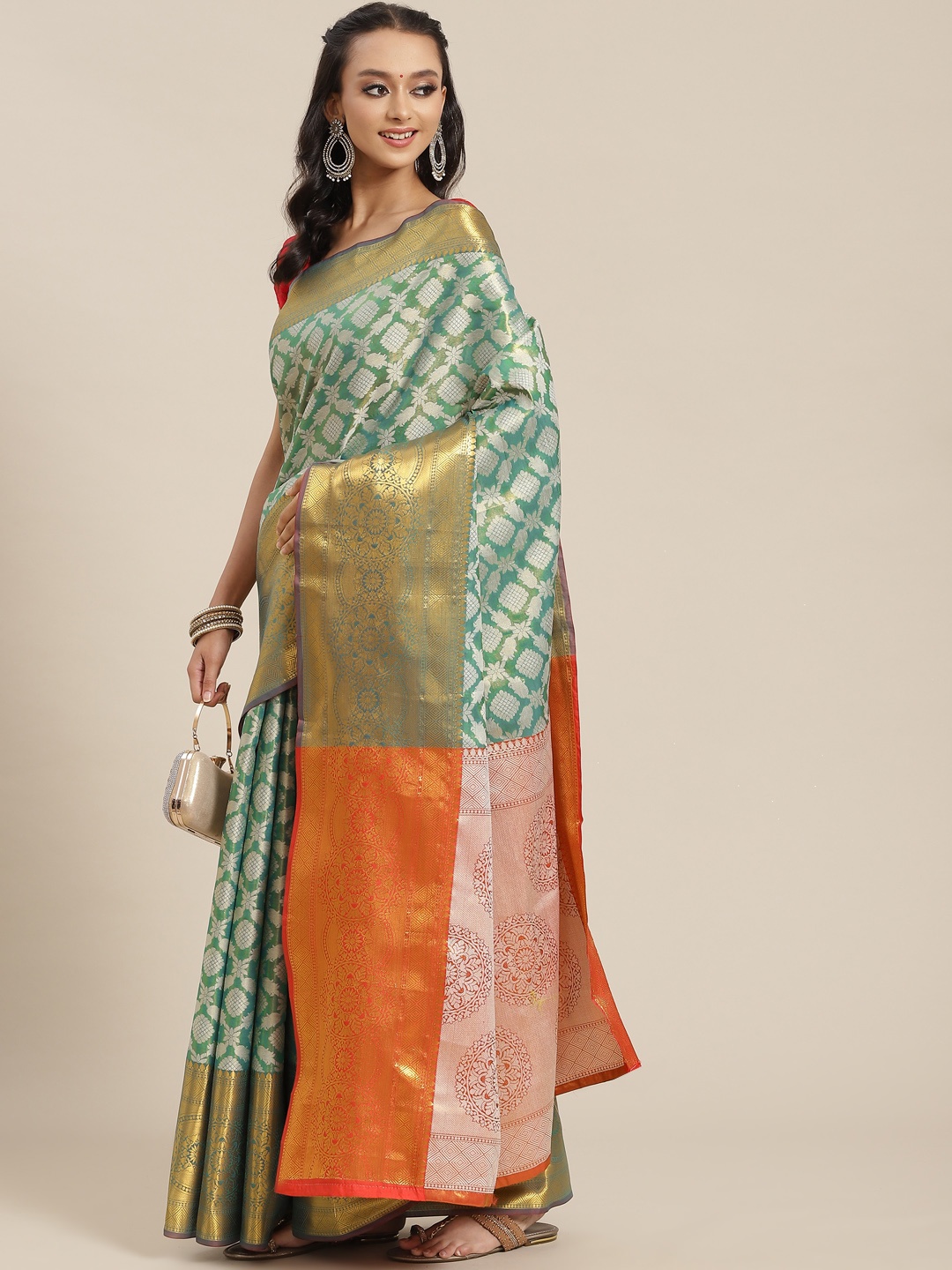 

Silk Land Green & Orange Ethnic Motifs Zari Brocade Banarasi Saree