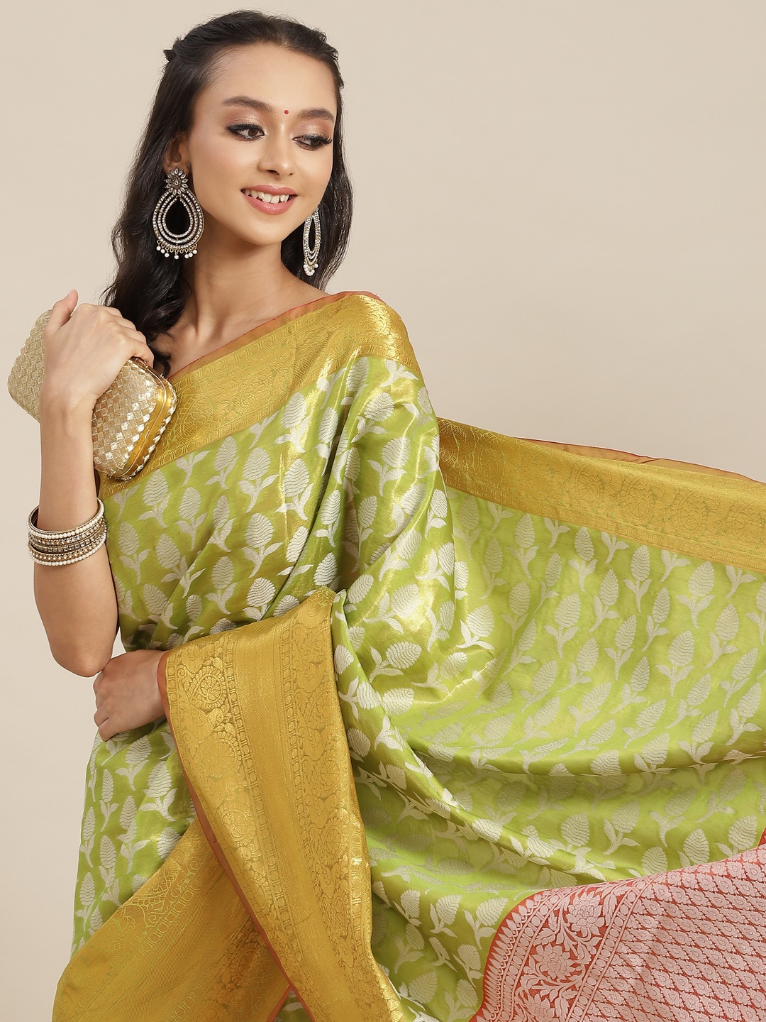 

Silk Land Green & Yellow Ethnic Motifs Zari Brocade Banarasi Saree