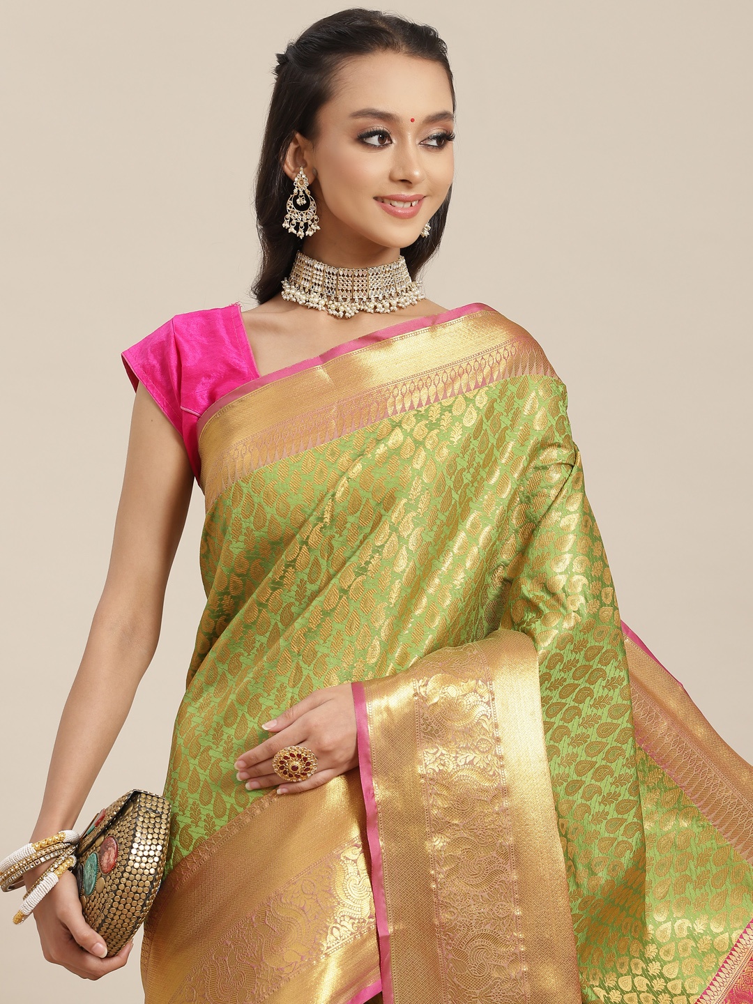 

Silk Land Green & Pink Ethnic Motifs Zari Brocade Banarasi Saree