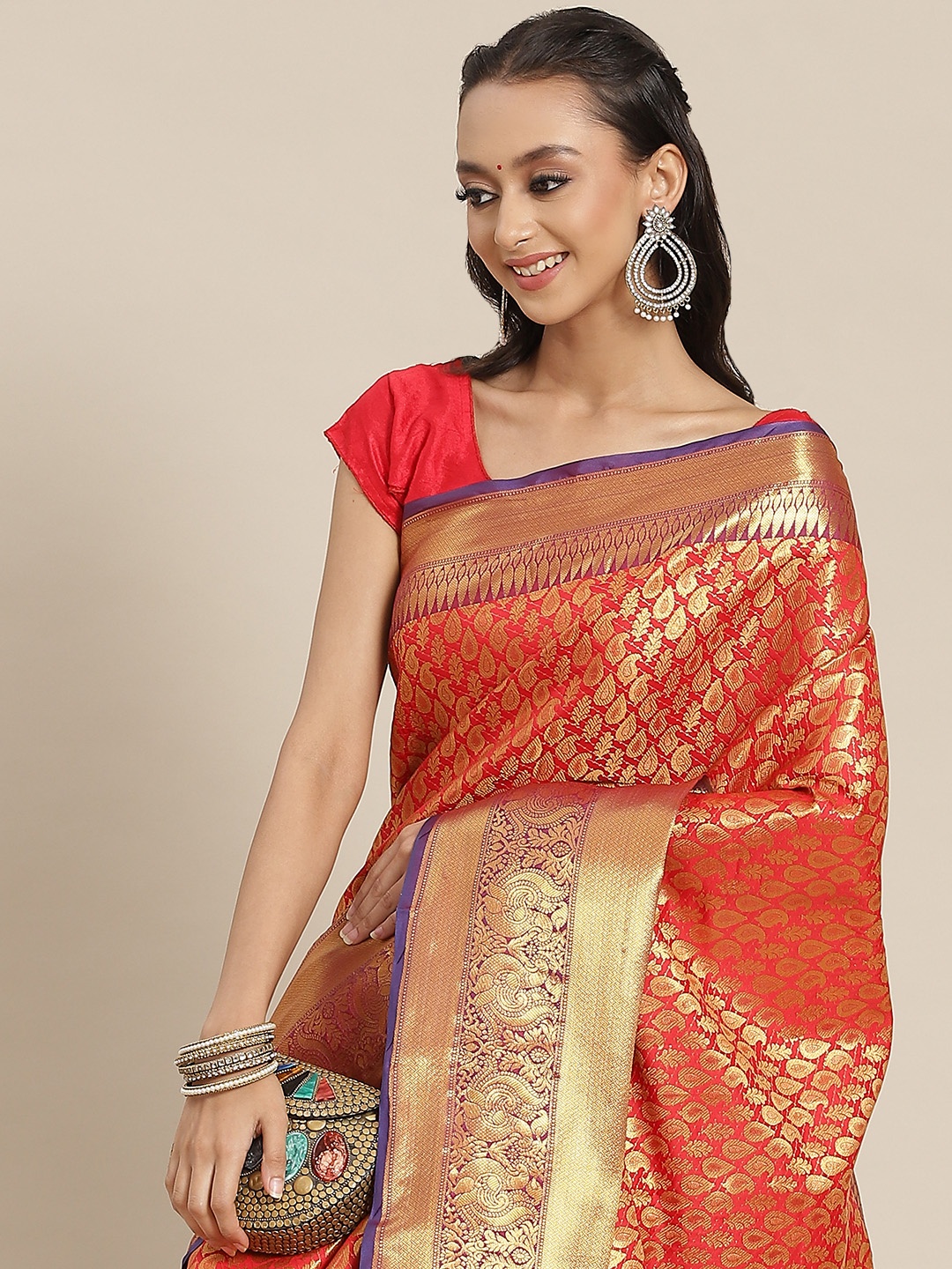 

Silk Land Red Ethnic Motifs Zari Brocade Banarasi Saree