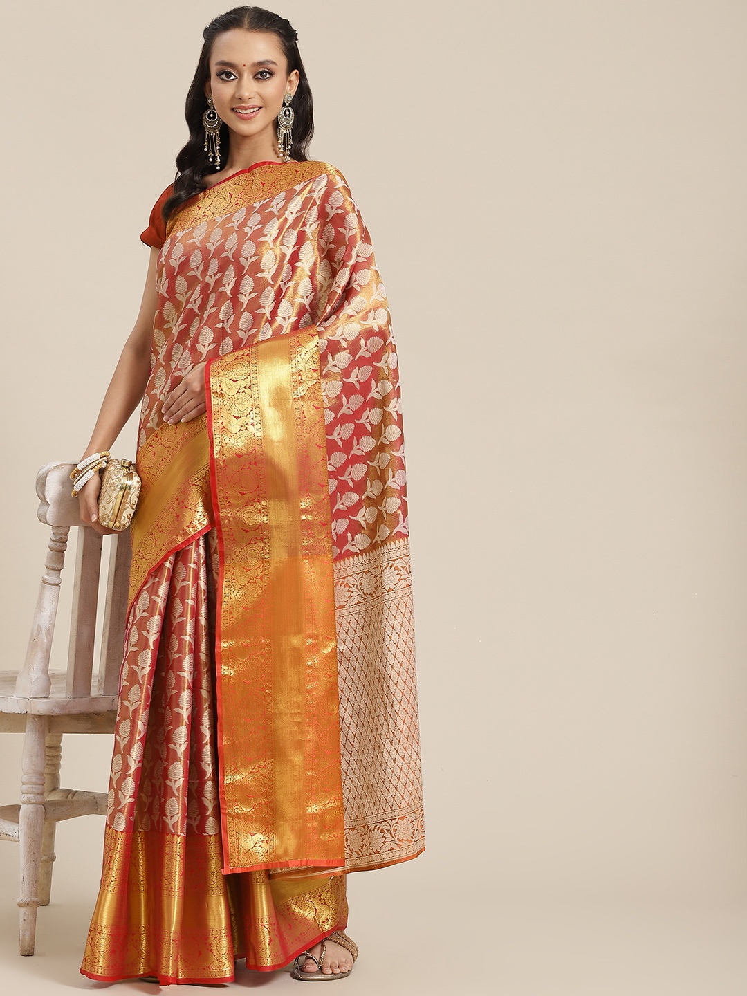 

Silk Land Pink & Orange Ethnic Motifs Zari Brocade Banarasi Saree