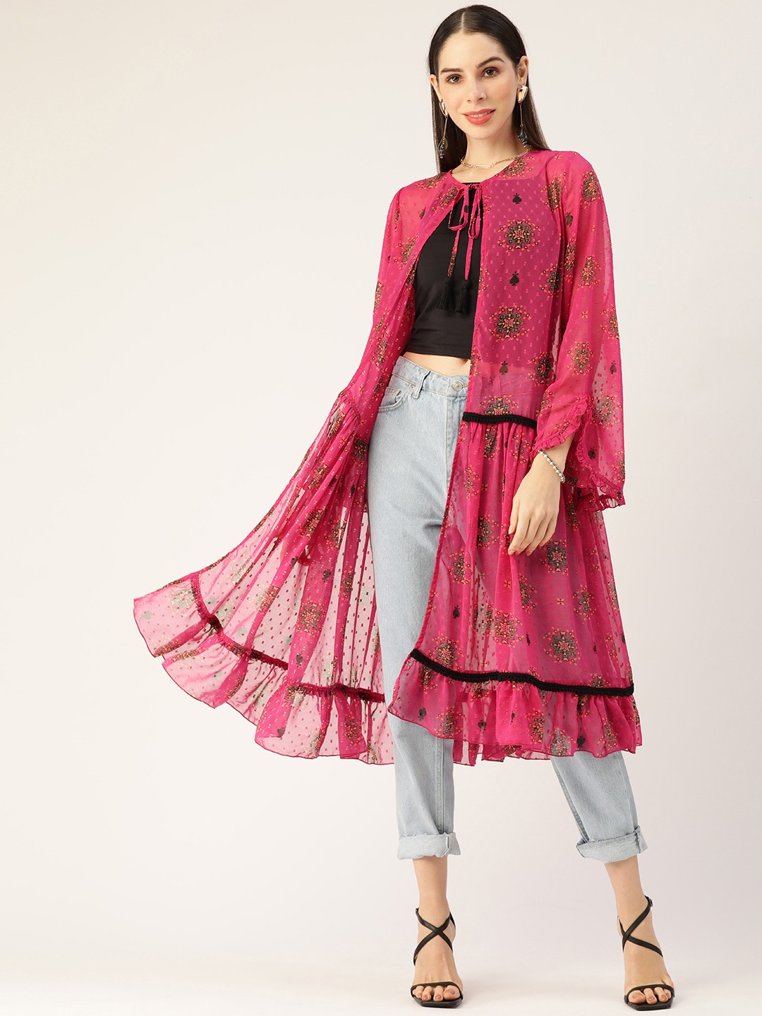 

Antheaa Women Pink & Green Printed Longline Tie-Up Shrug