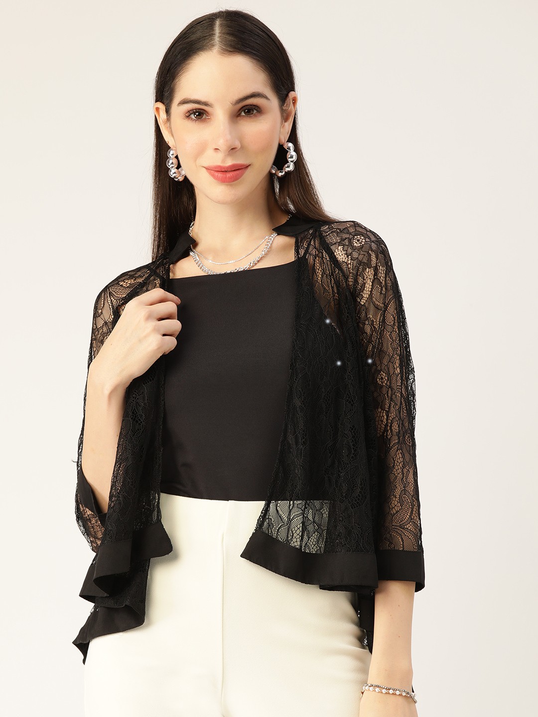 

Antheaa Women Black Self Design Shrug