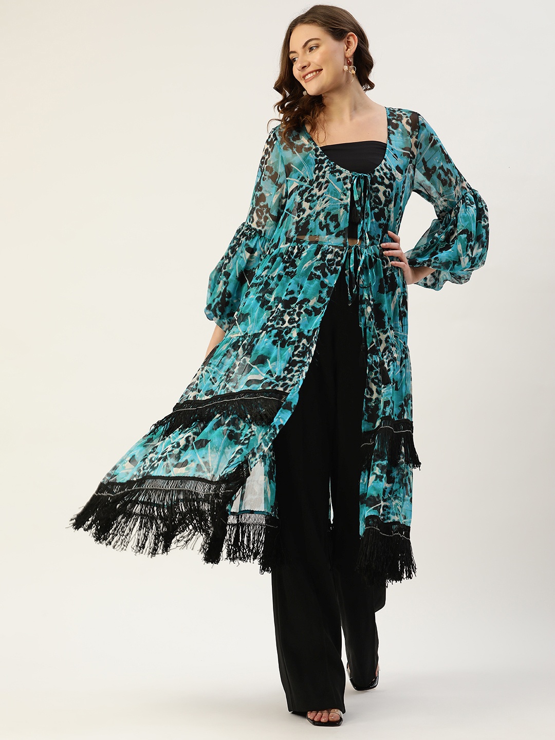 

Antheaa Women Blue & Black Printed Party Longline Tie-Up Lace Tiered Shrug