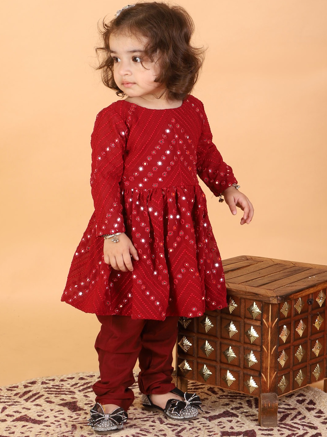 

VASTRAMAY Girls Maroon Embroidered Empire Mirror Work Kurta with Churidar
