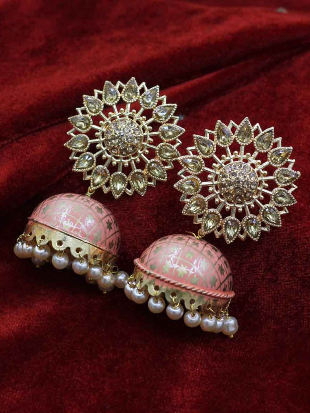 

SAIYONI Peach-Coloured & Gold-Plated Floral Jhumkas Earrings