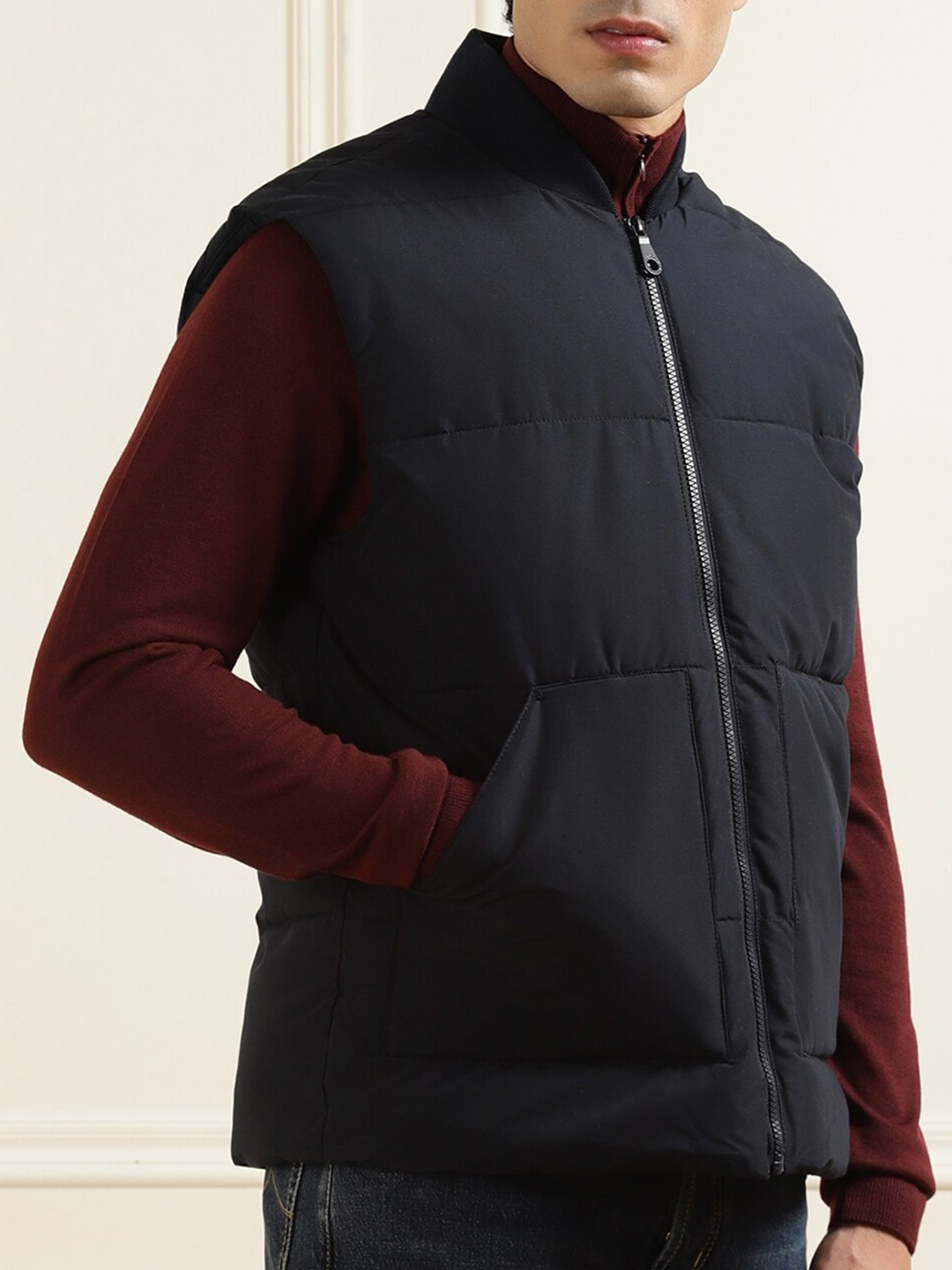 

Farah Men Navy Blue Colourblocked Longline Sporty Jacket