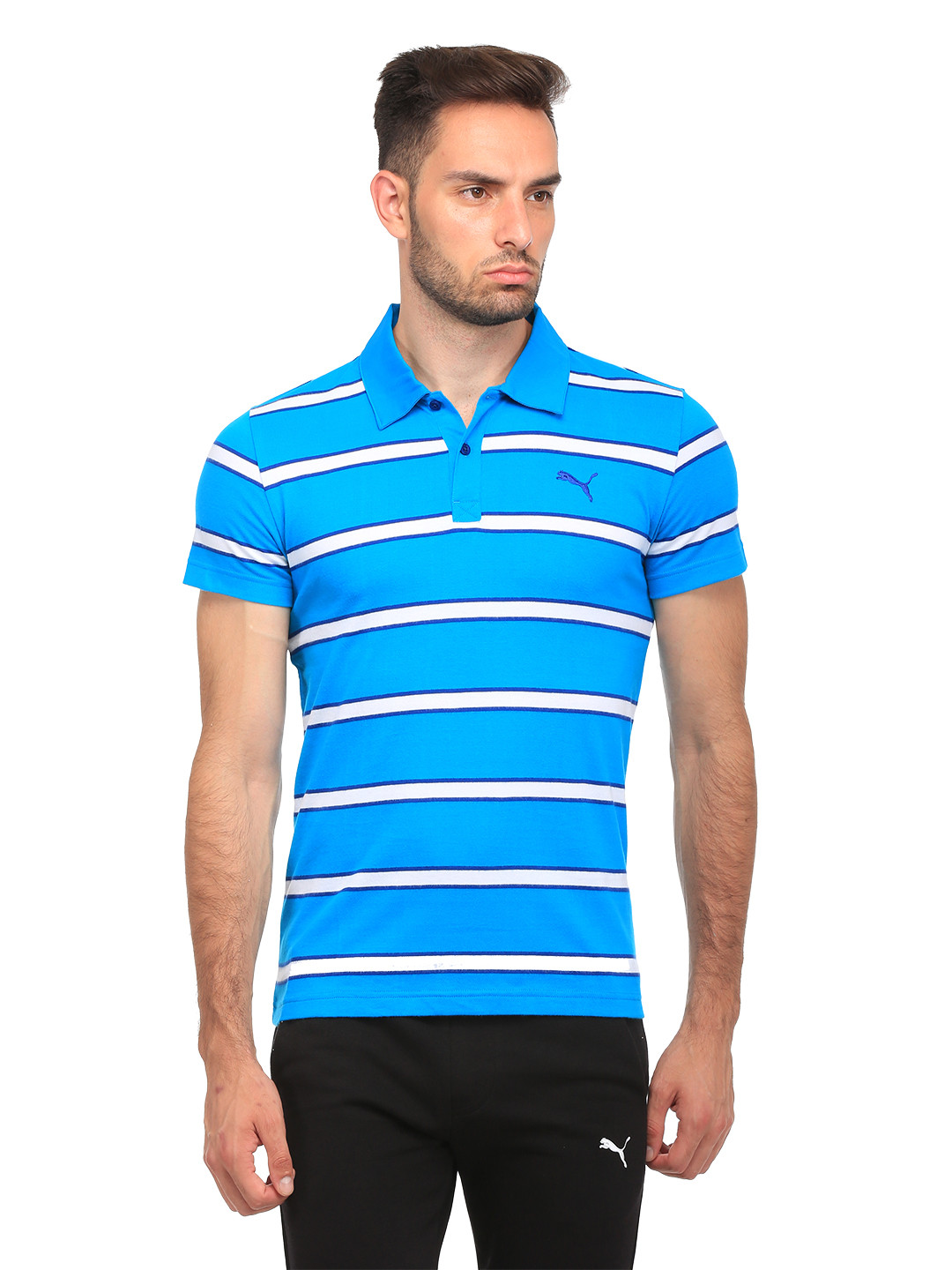 

Puma Men Blue Striped Polo Collar T-shirt
