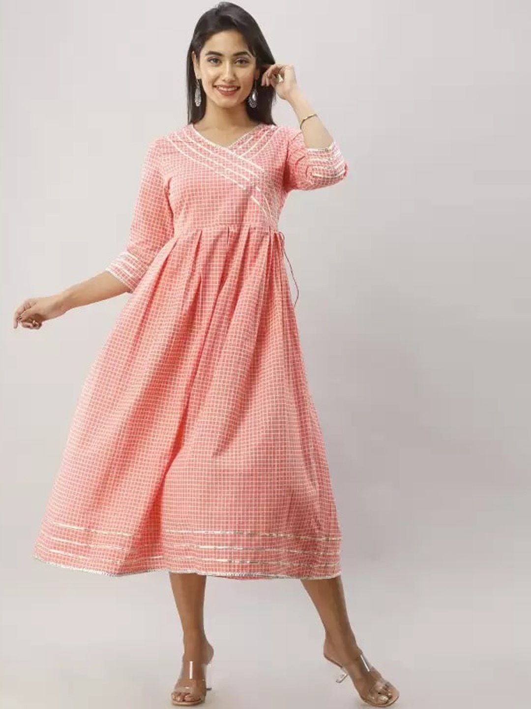 

FABRIC FITOOR Pink Checked Cotton Midi Dress