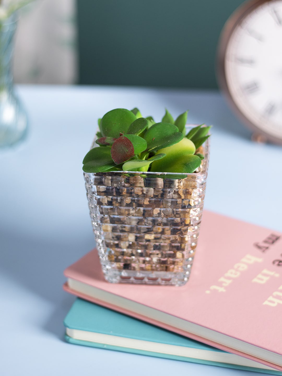 

MARKET99 Transparent & Green Fake Mini Succulent Artificial Plant With Pot