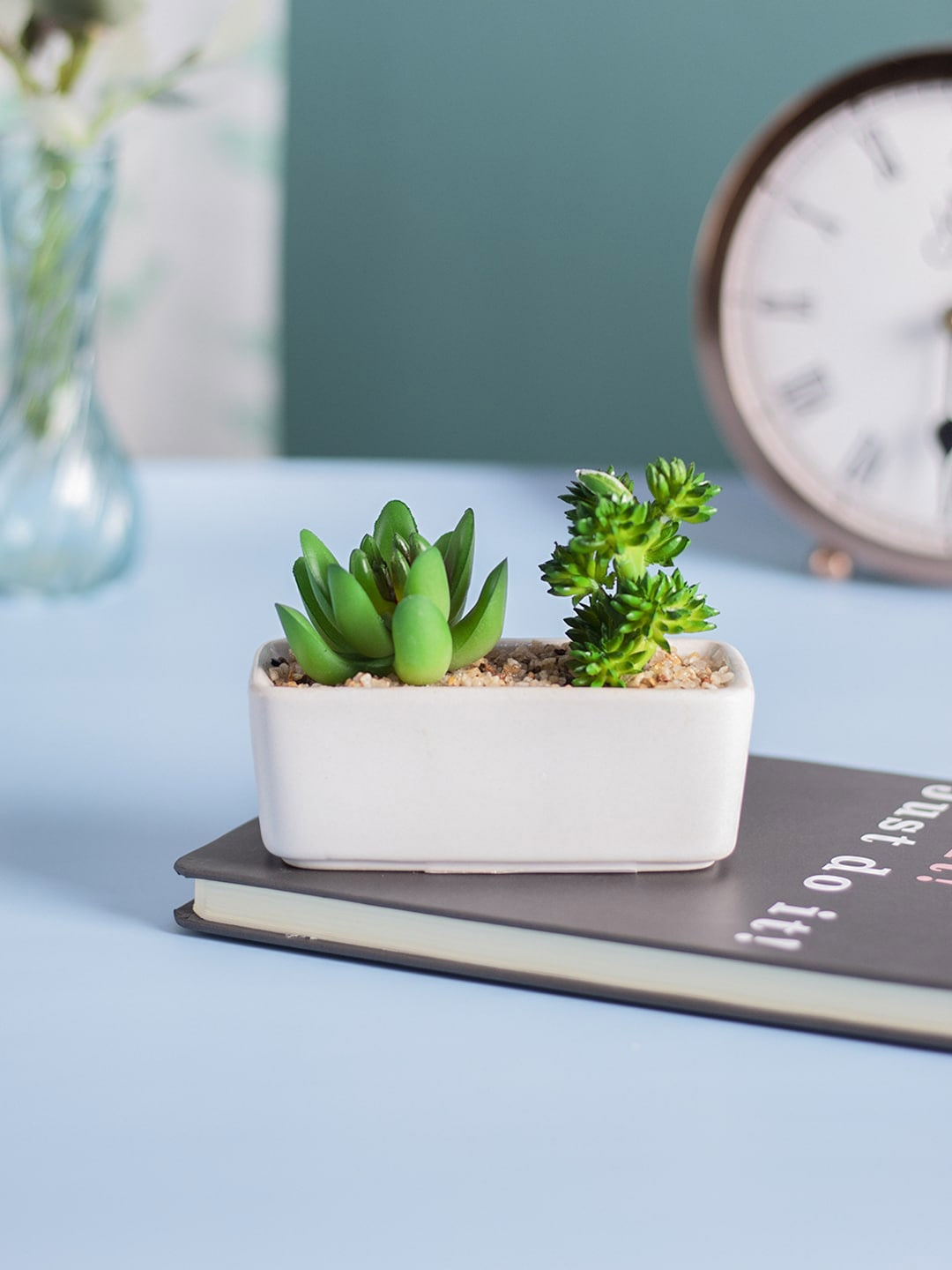 

MARKET99 Green & White Artificial Succulent Planters With Rectangular Flower Pot