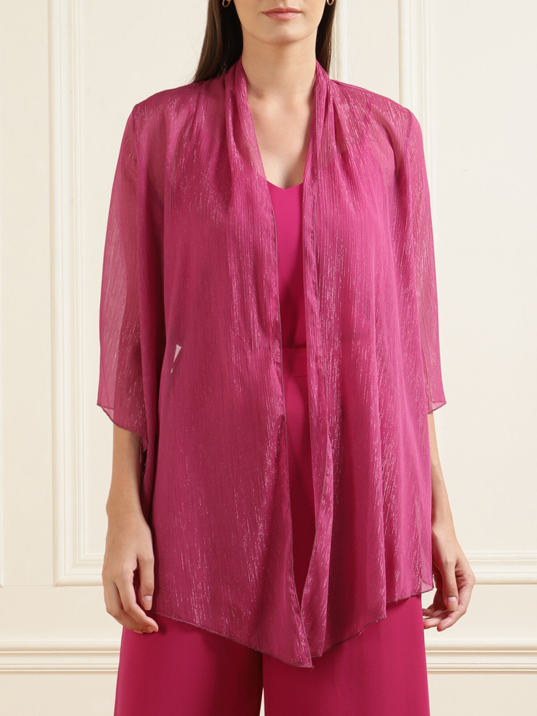 

Rinascimento Women Pink Sheer Three-fourth Sleeved Shrug