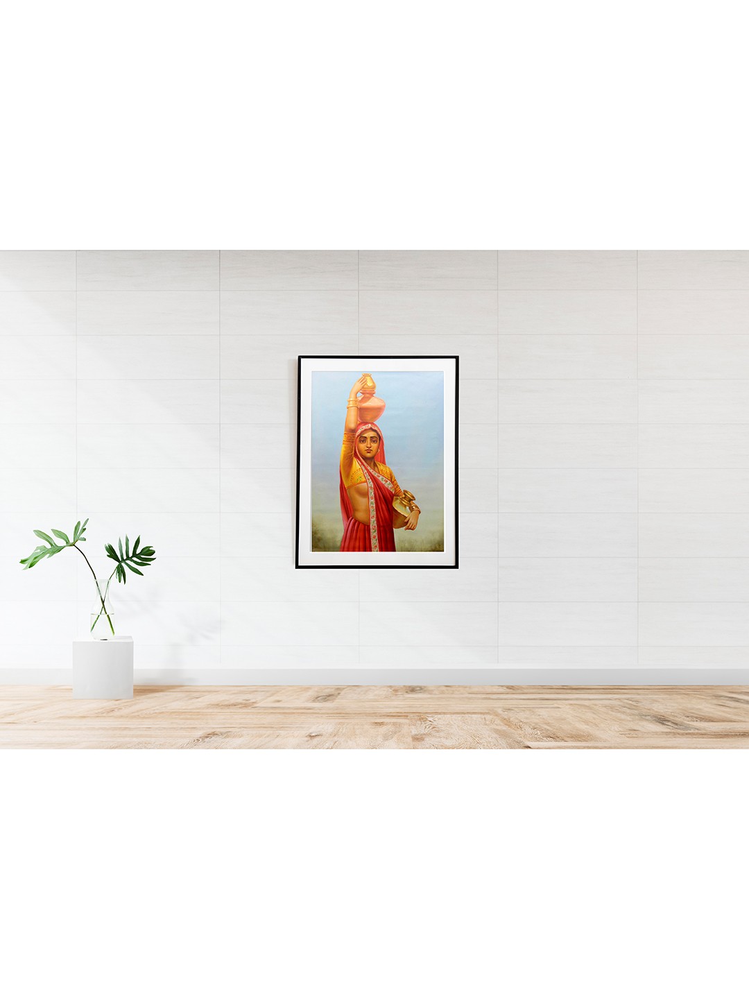 

Exotic India Red A Village Belle with Water Pots Hand-Painted Wall Art