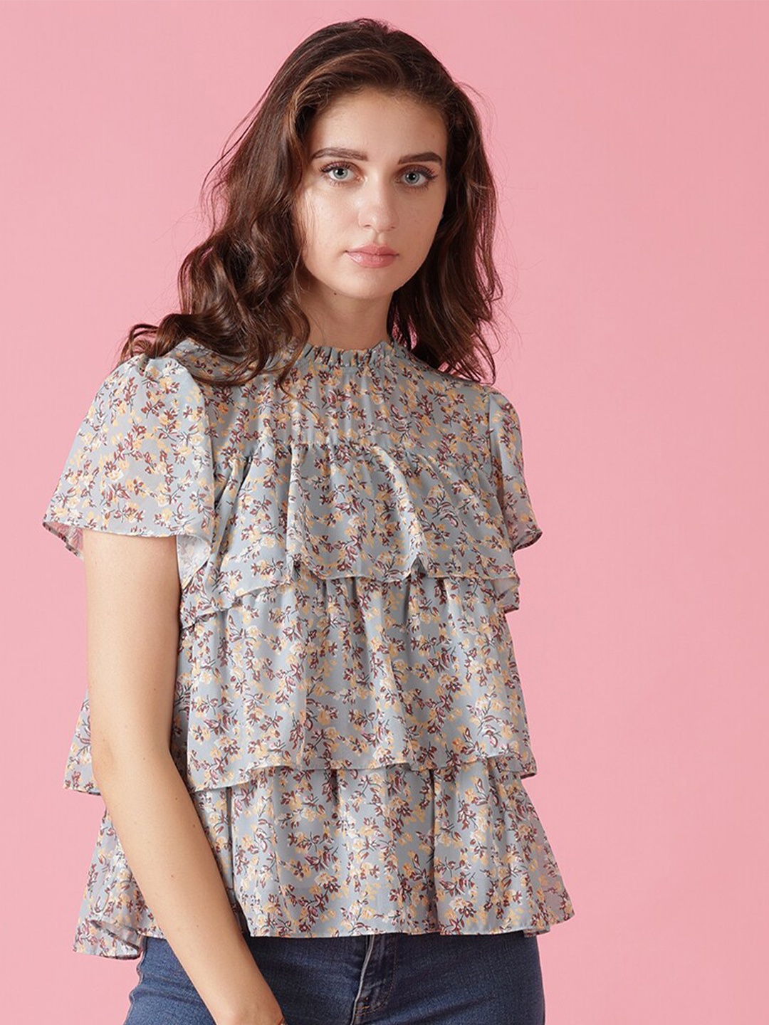 

Gipsy Grey Floral Print Tiered Top