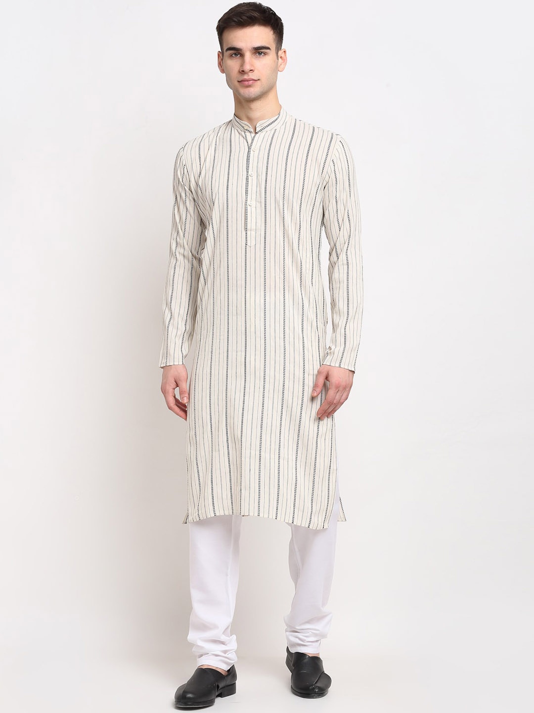 

Jompers Men Cream-Coloured Striped Pure Cotton Kurta with Pyjamas