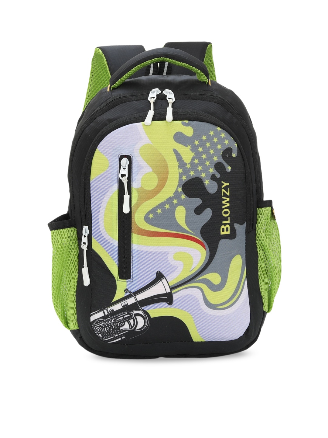 

Blowzy Bags Unisex Kids Black & Green Graphic Backpack with Hip Strap