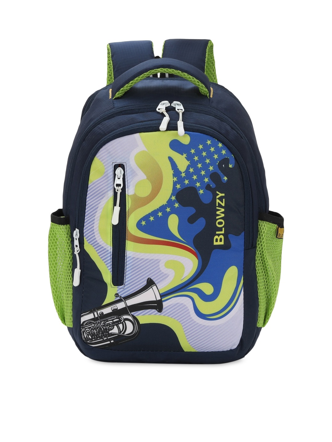 

Blowzy Bags Unisex Kids Navy Blue & Green Graphic Backpack with Hip Strap