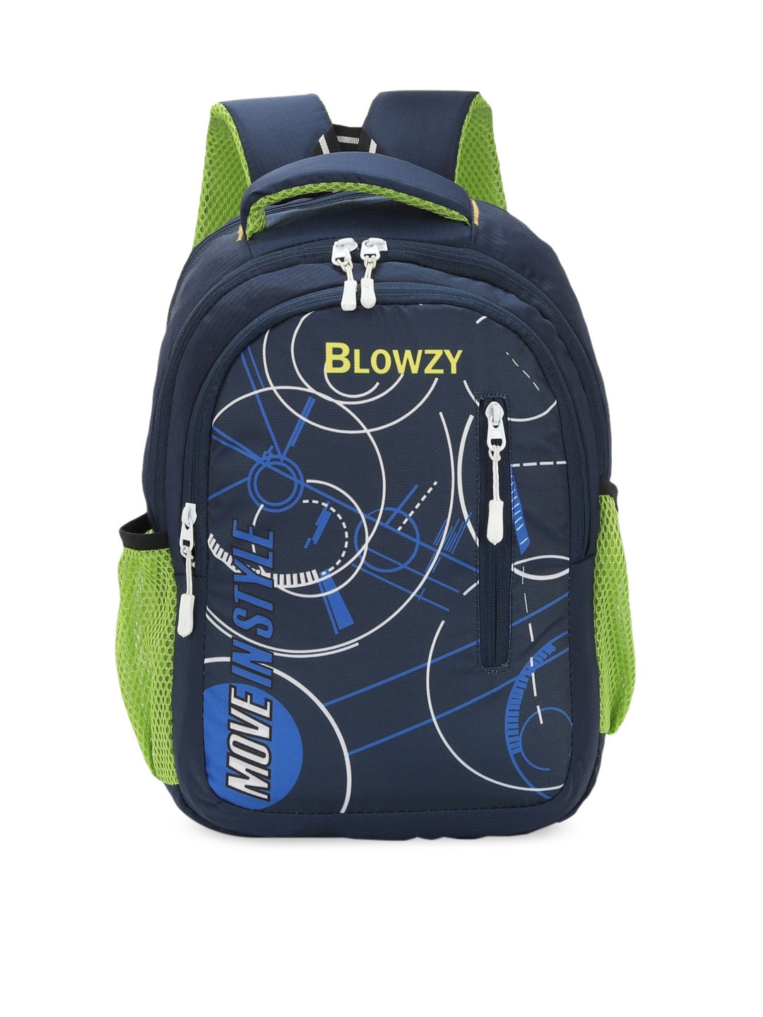 

Blowzy Bags Unisex Kids Navy Blue & Green Geometric Backpack with Hip Strap