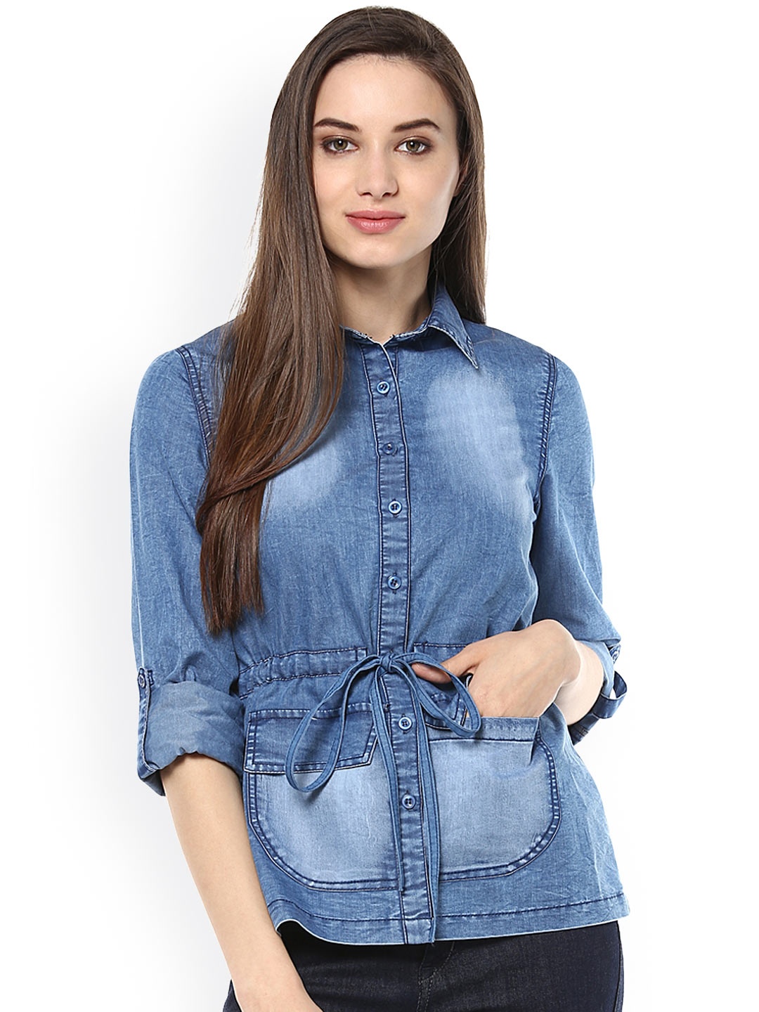 

StyleStone Women Blue Denim Faded Shirt Style Top