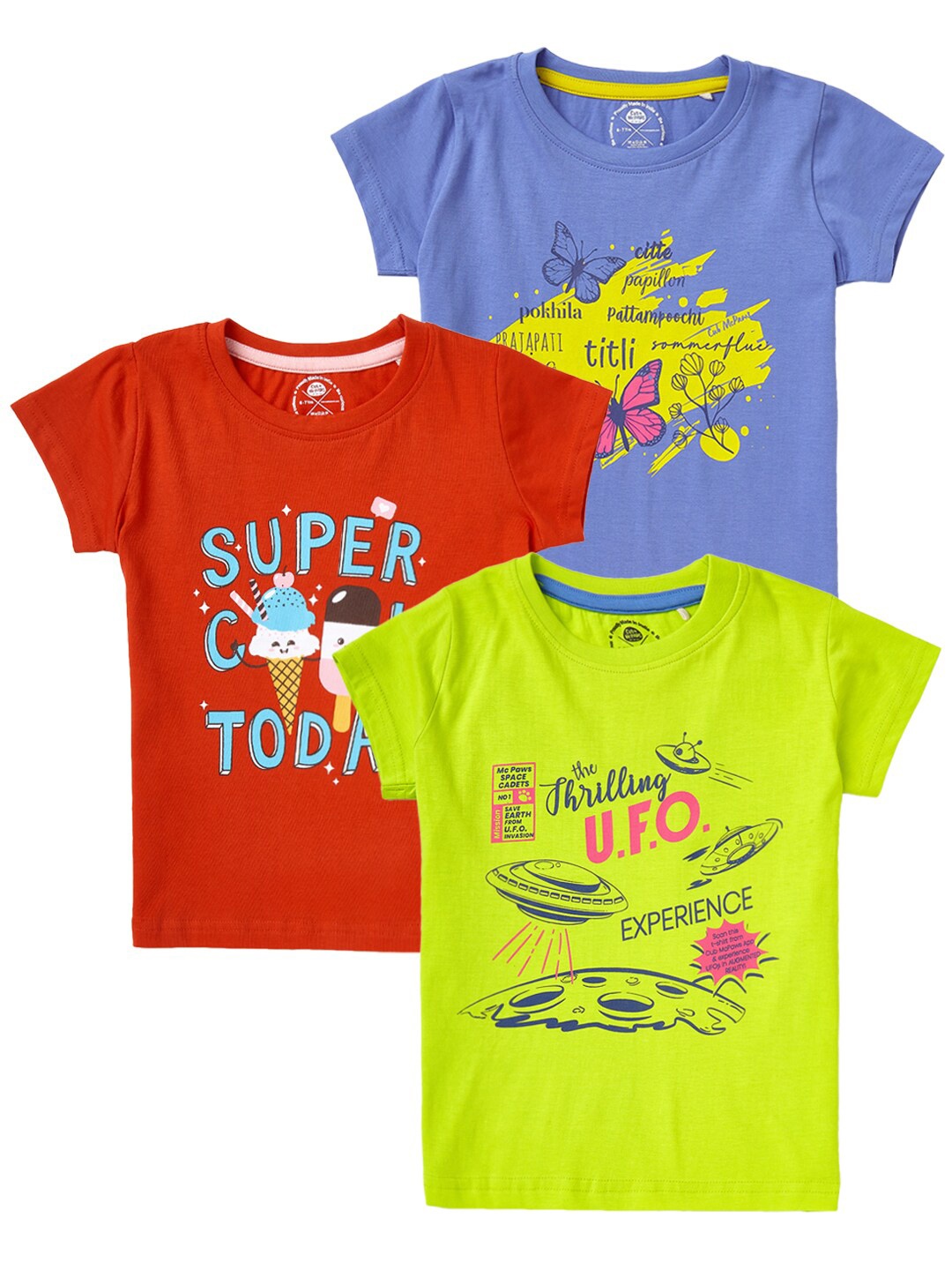 

Cub McPaws Girls Pack Of 3 Typography Printed T-shirt, Blue