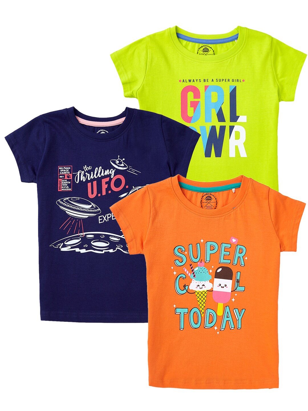 

Cub McPaws Girls Pack of 3 Typography Printed T-shirt, Lime green