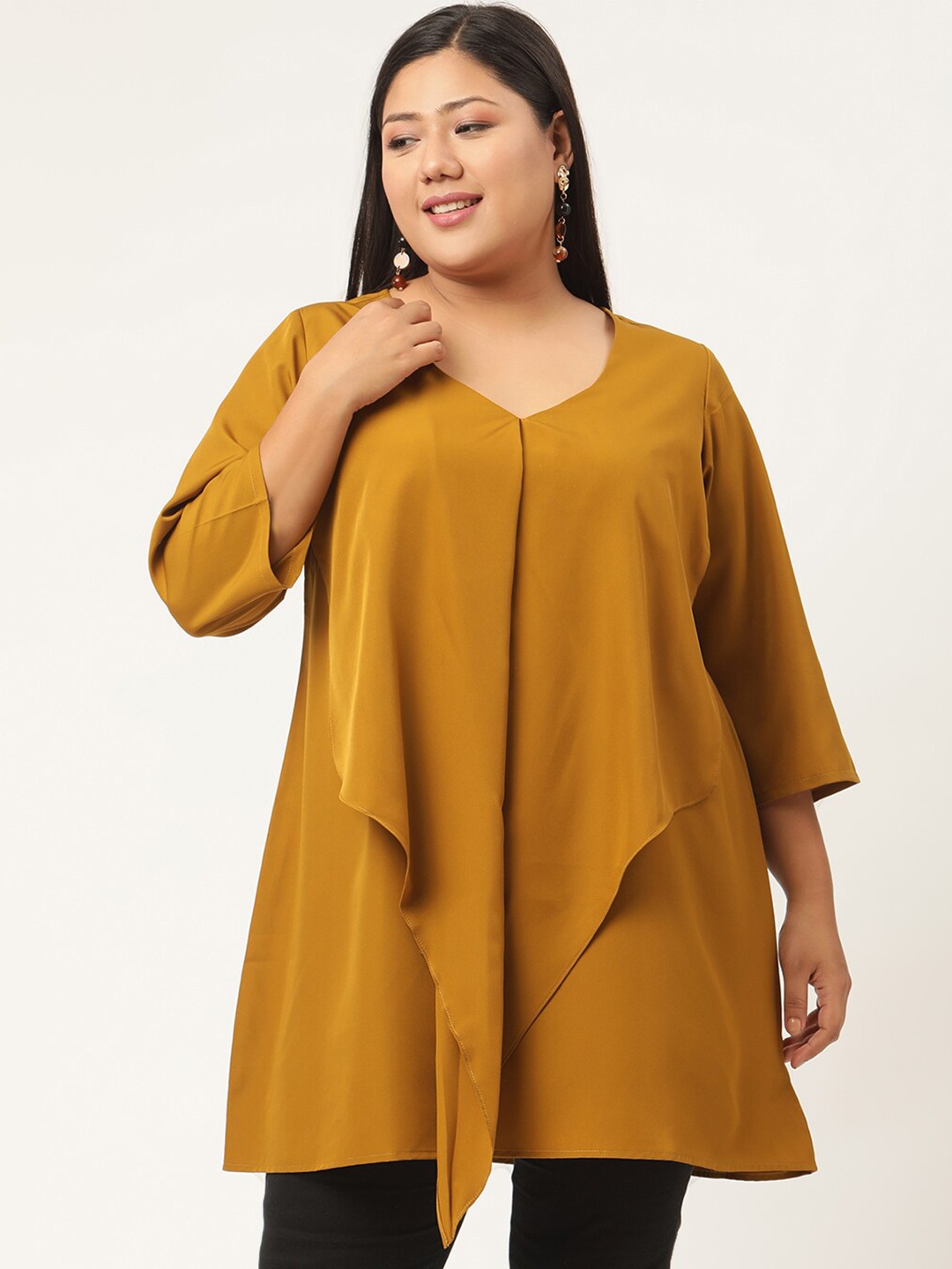 

theRebelinme Plus Size Women Mustard Yellow Ruffles Crepe Longline Top