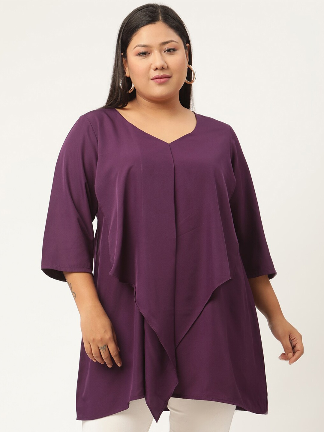 

theRebelinme Women Plus Size Purple Solid Polyester Longline Top