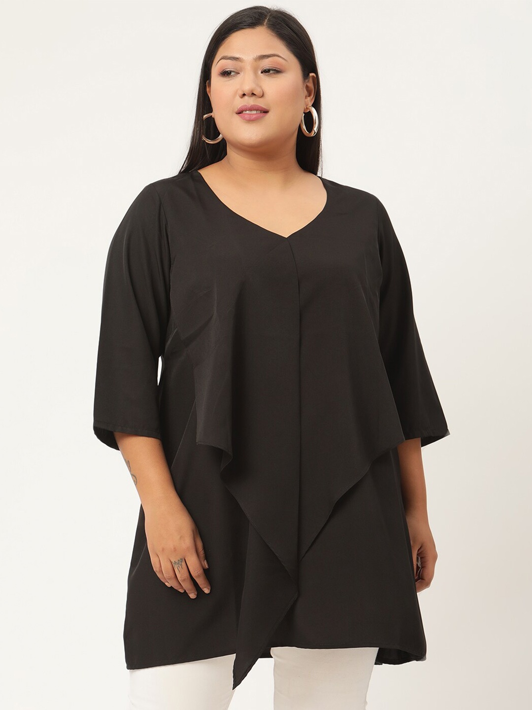 

theRebelinme Women Plus Size Black Ruffles Crepe Longline Top