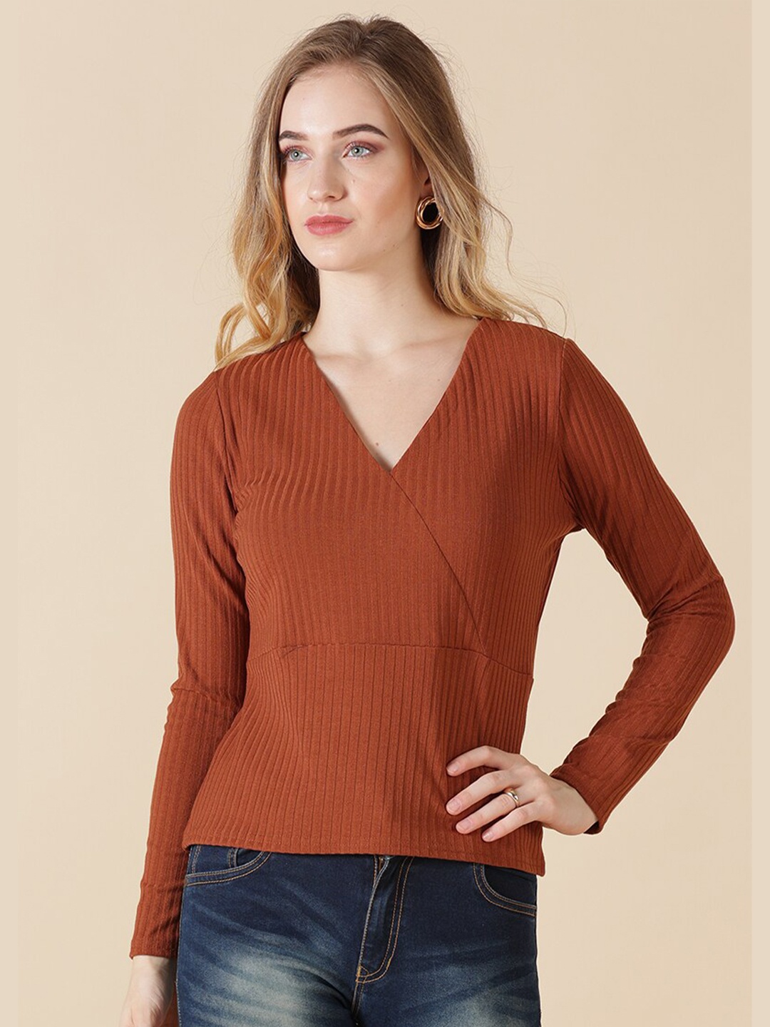 

Gipsy Tan Solid Wrap V-Neck Top