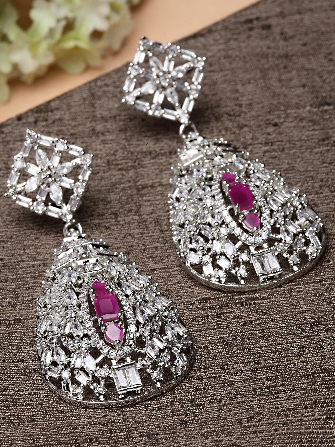 

KARATCART Silver-Toned & Pink Classic Drop Earrings