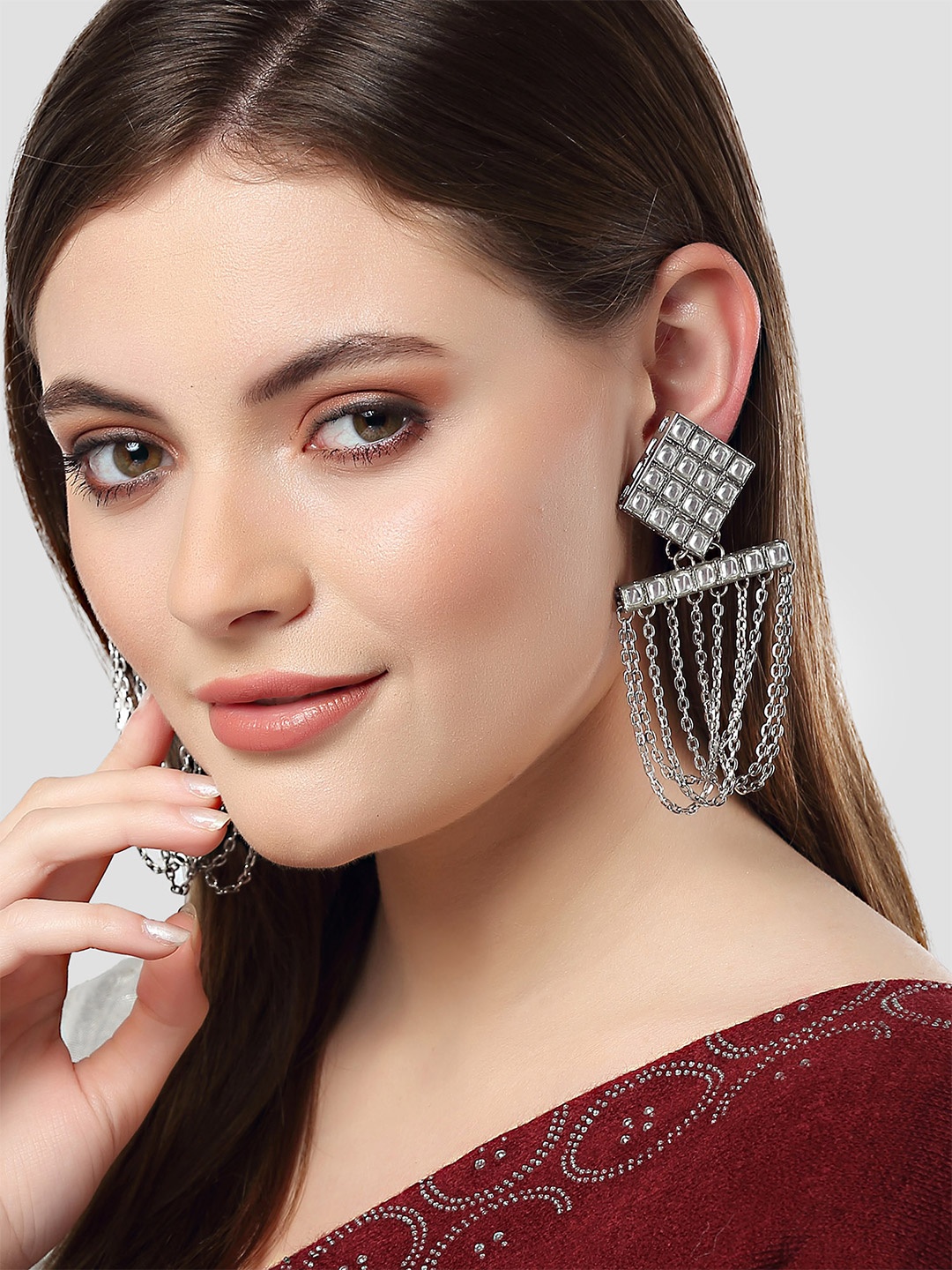 

KARATCART Silver-Plated Diamond Shaped Drop Earrings