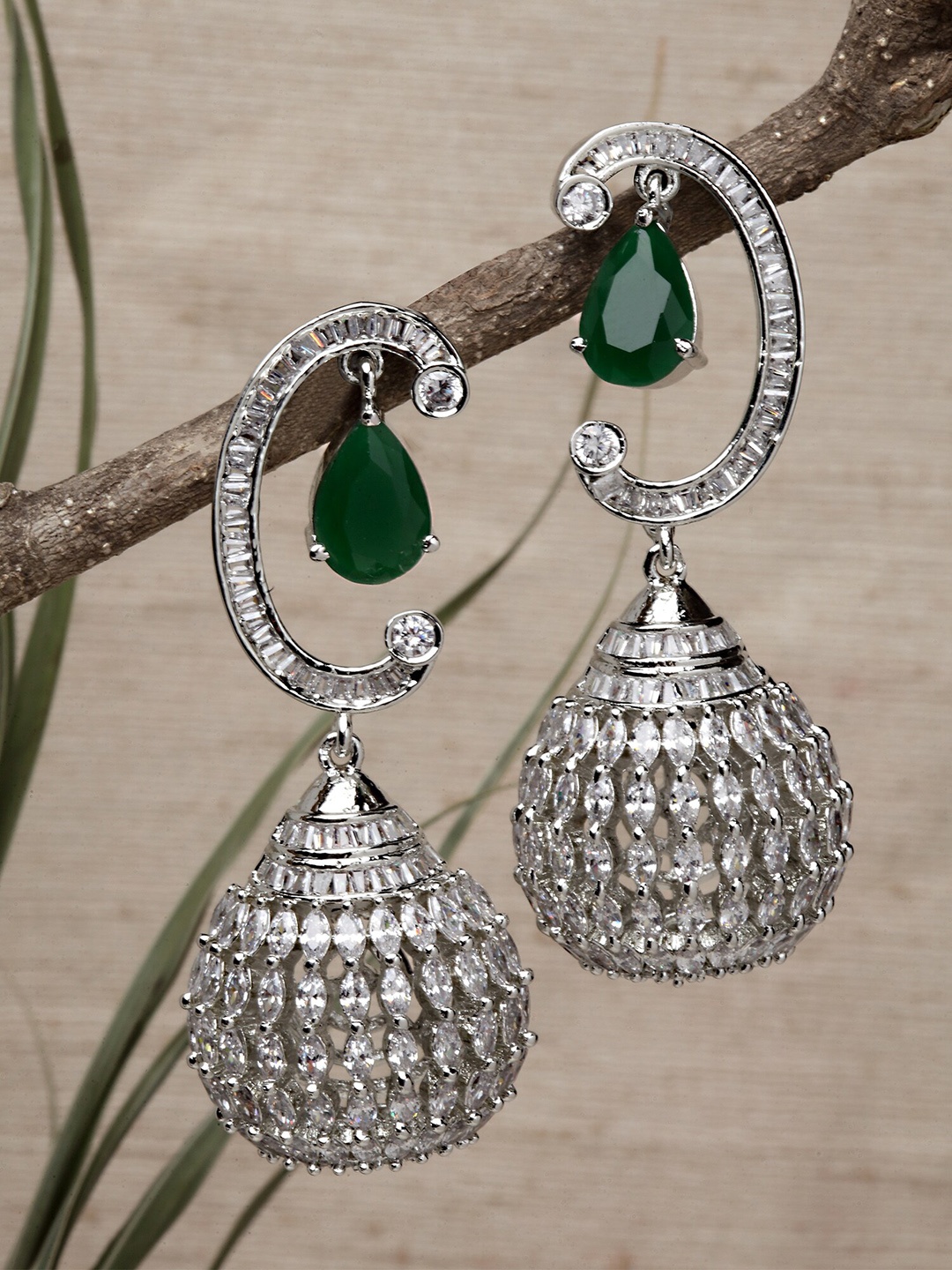 

KARATCART Silver-Toned & Green Cubic Zirconia Studded Dome Shaped Jhumkas Earrings