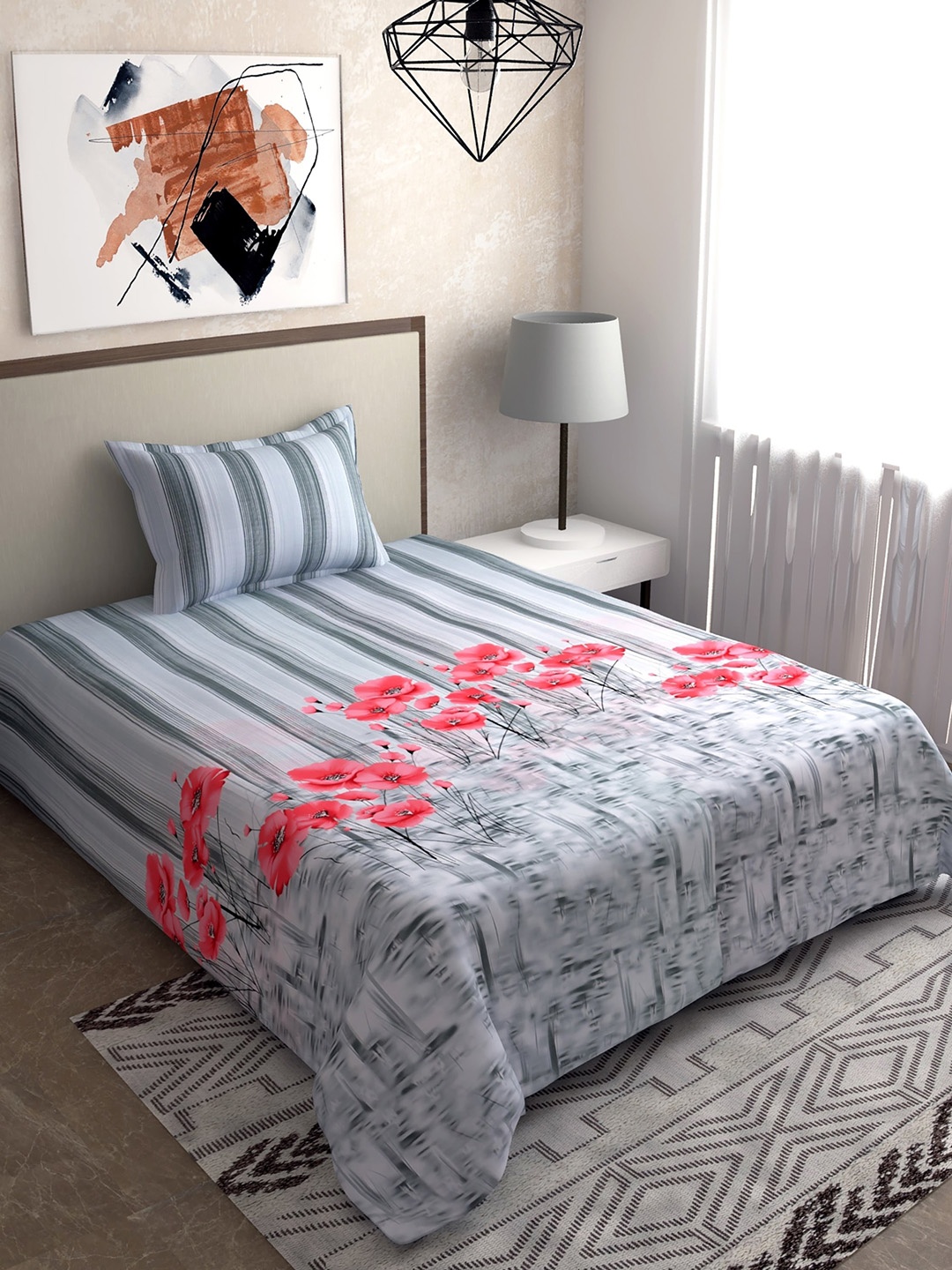 

Salona Bichona Grey & Pink Floral 144 TC 100% Cotton Single Bedsheet with 1 Pillow Covers