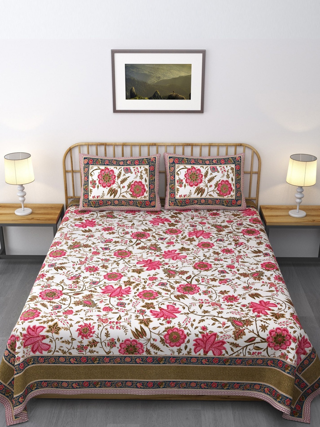 

Salona Bichona Pink & White Floral 144 TC King Bedsheet with 2 Pillow Covers