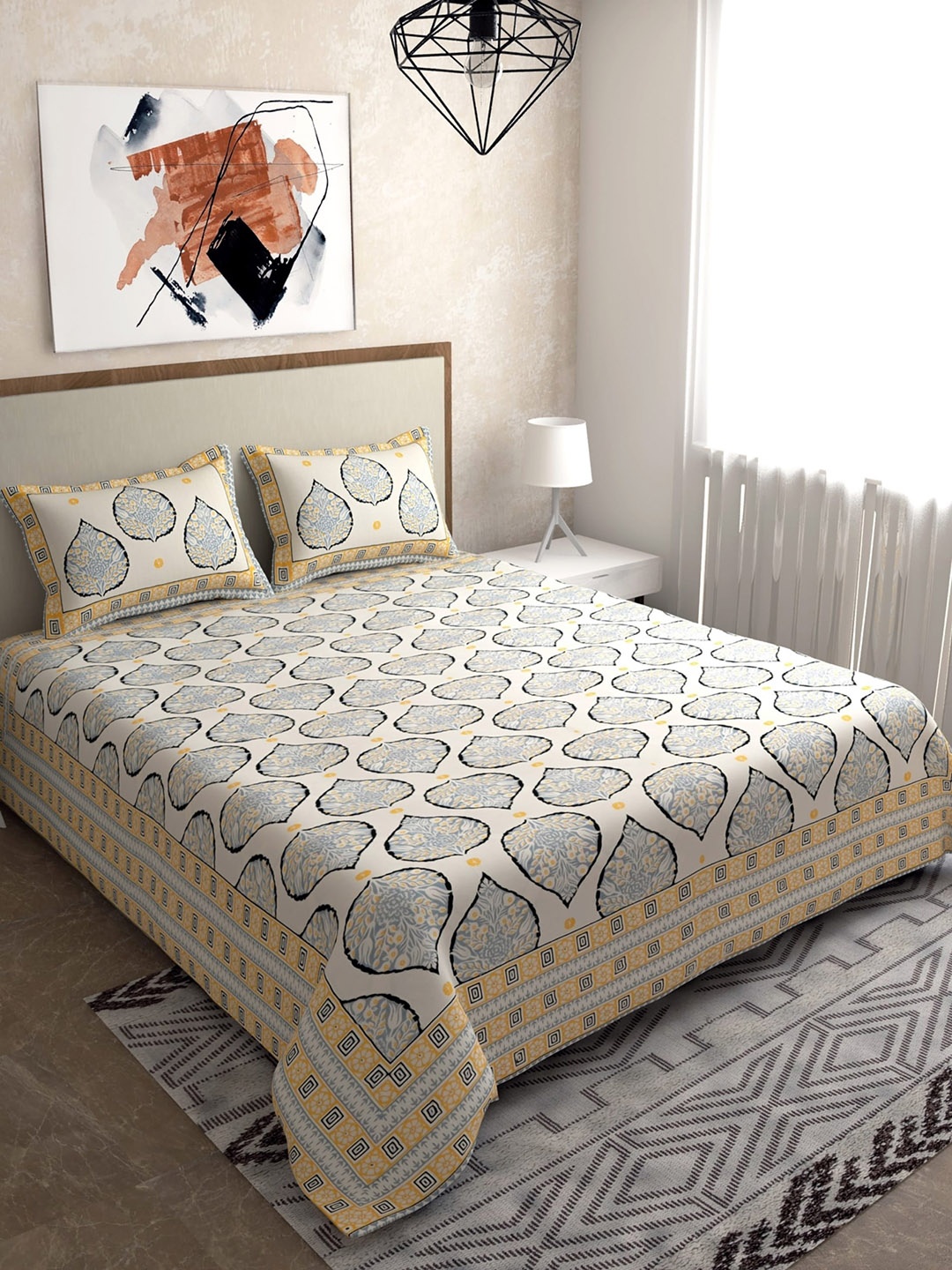

Salona Bichona Beige & Grey 120 TC 100% Cotton Queen Bedsheet with 2 Pillow Covers