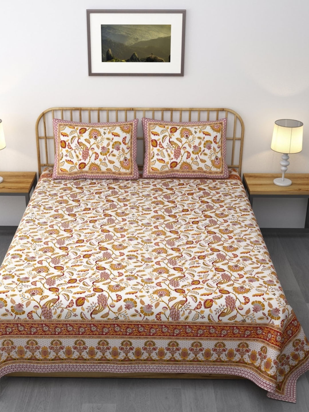 

Salona Bichona Yellow & White Floral 144 TC King Bedsheet with 2 Pillow Covers