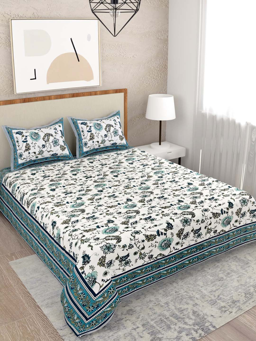 

Salona Bichona Turquoise Blue & White Floral 120 TC Queen Bedsheet with 2 Pillow Covers