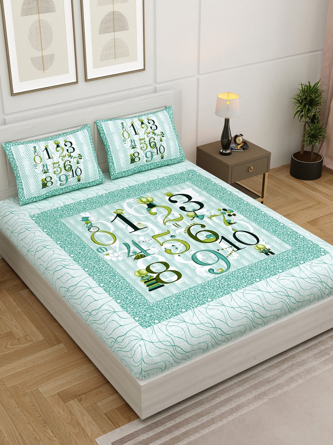 

Salona Bichona 100% Cotton 144 TC King Size Bedsheet with 2 Pillow Covers Set, Turquoise blue