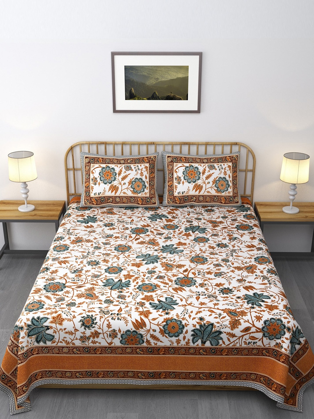 

Salona Bichona Orange & White Floral 144 TC King Bedsheet with 2 Pillow Covers