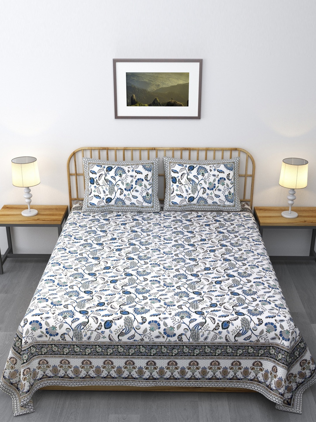 

Salona Bichona Blue & Off White Printed Pure Cotton 144 TC King Bedsheet & 2 Pillow Covers