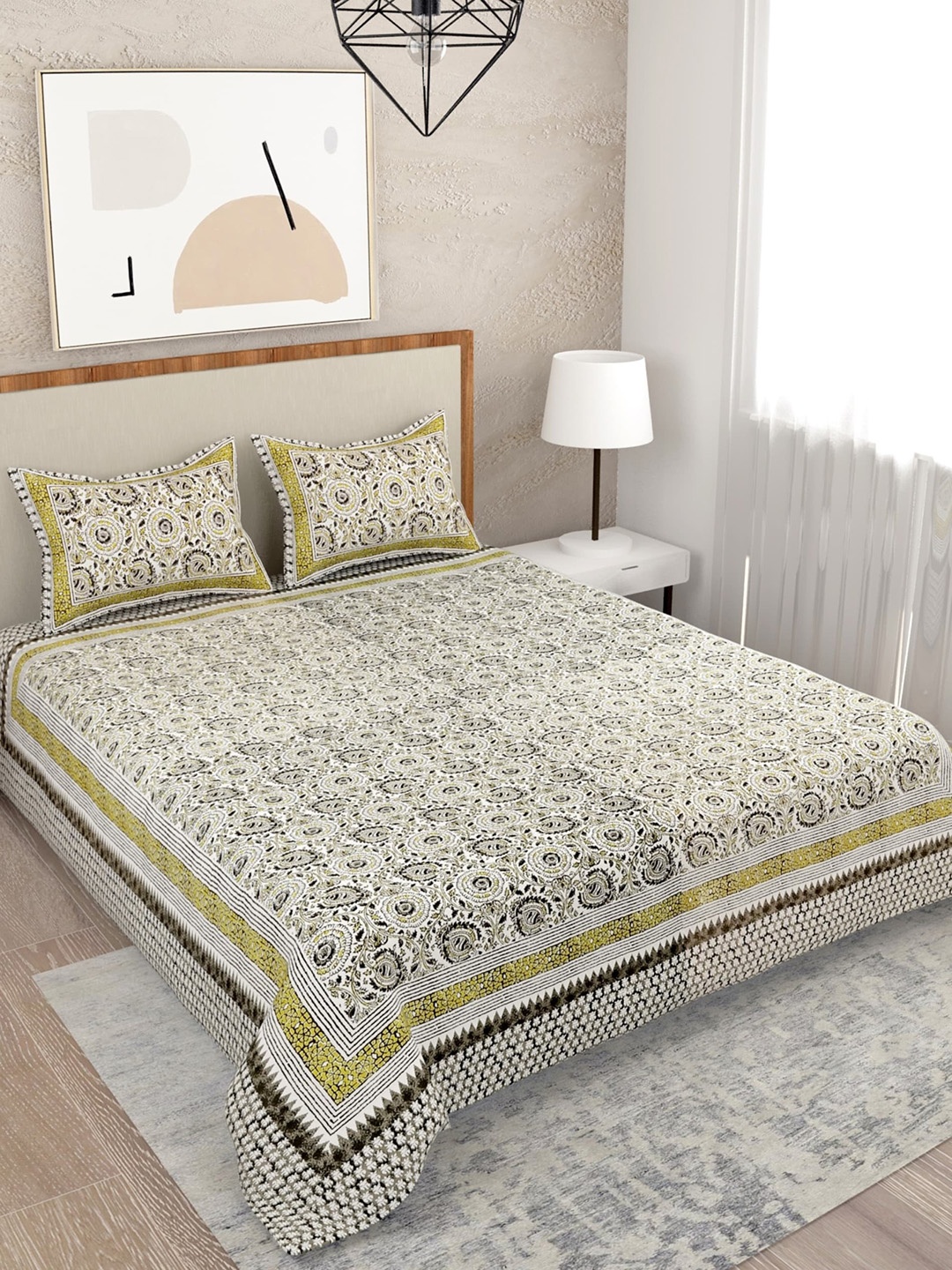 

Salona Bichona Yellow & Green Floral 120 TC Queen Bedsheet with 2 Pillow Covers