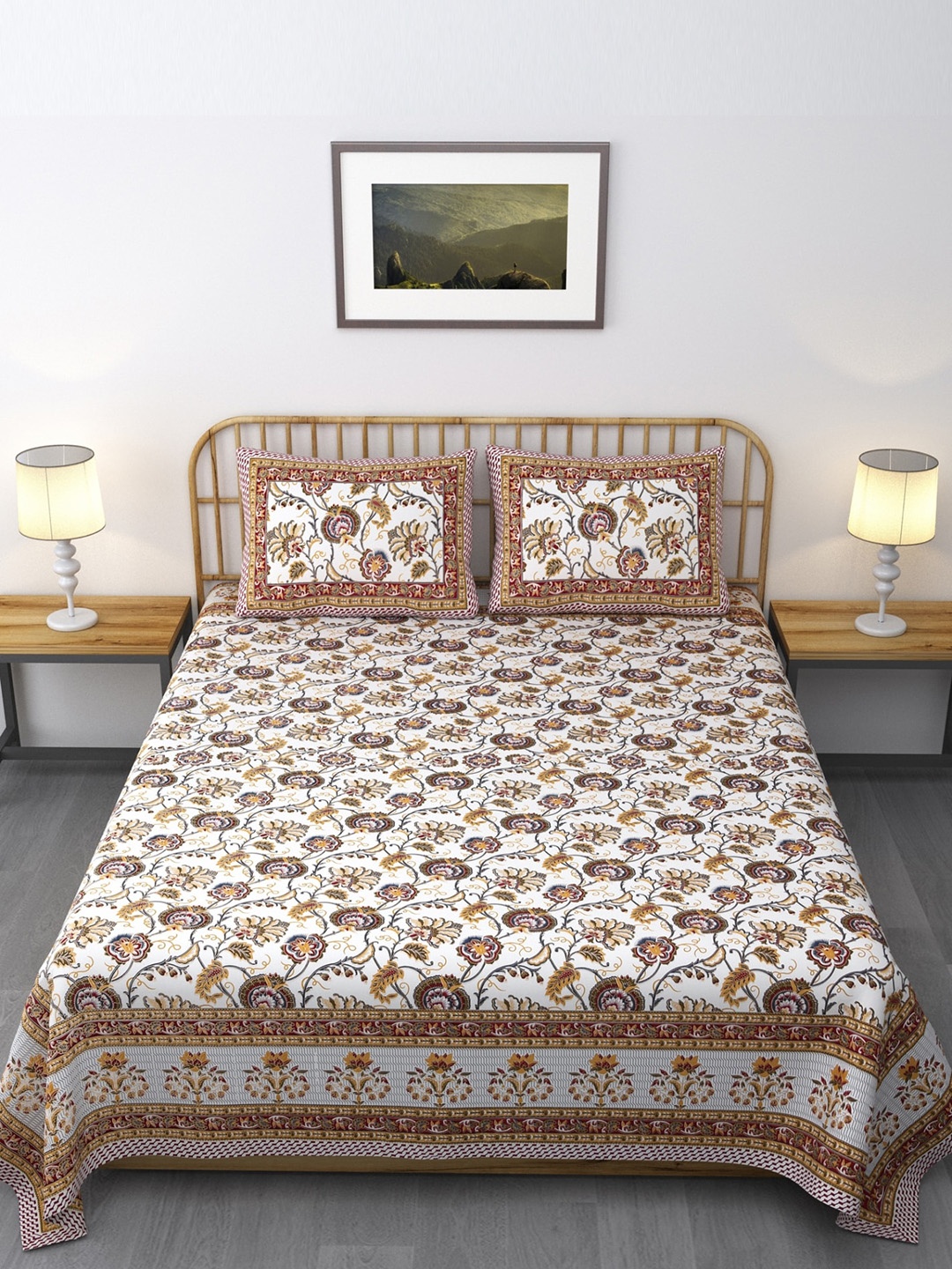 

Salona Bichona Yellow & Brown Pure Cotton Floral 144 TC King Bedsheet with 2 Pillow Covers