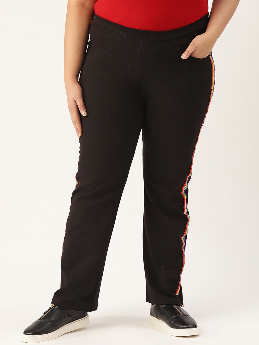 

theRebelinme Plus Size Women Black Smart Straight Fit High-Rise Trousers