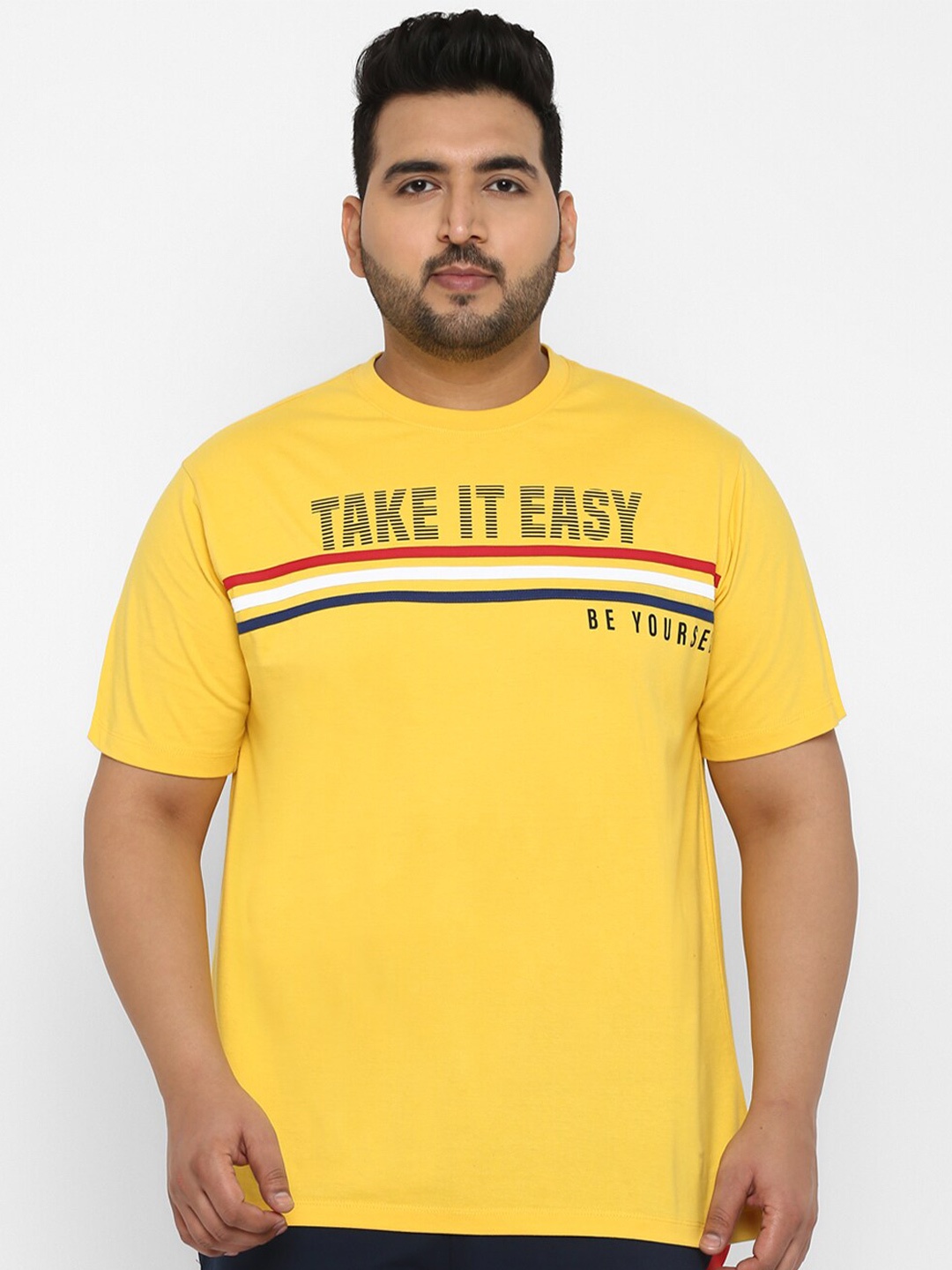 Yuuki Plus Size Men Yellow & Blue Typography Printed T-shirt