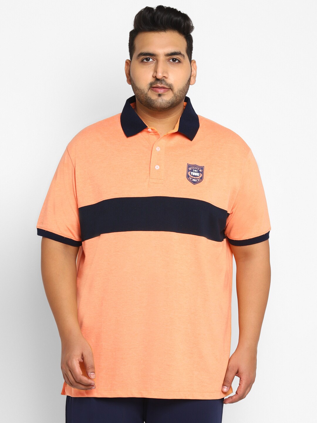 Yuuki Men Plus Size Orange Colourblocked Polo Collar Applique T-shirt